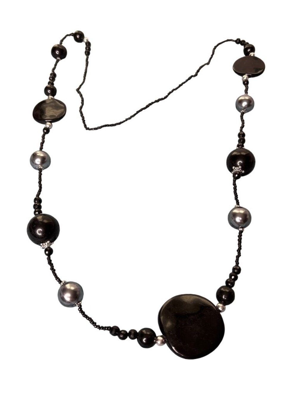 Black Plastic Beaded Necklace No Clasp Silvertone Abstract Station Beads 38 inch